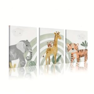 Cute Safari Animal Framed Canvas Wall Art Set, Jungle Theme Watercolor Nursery Wall Art Prints