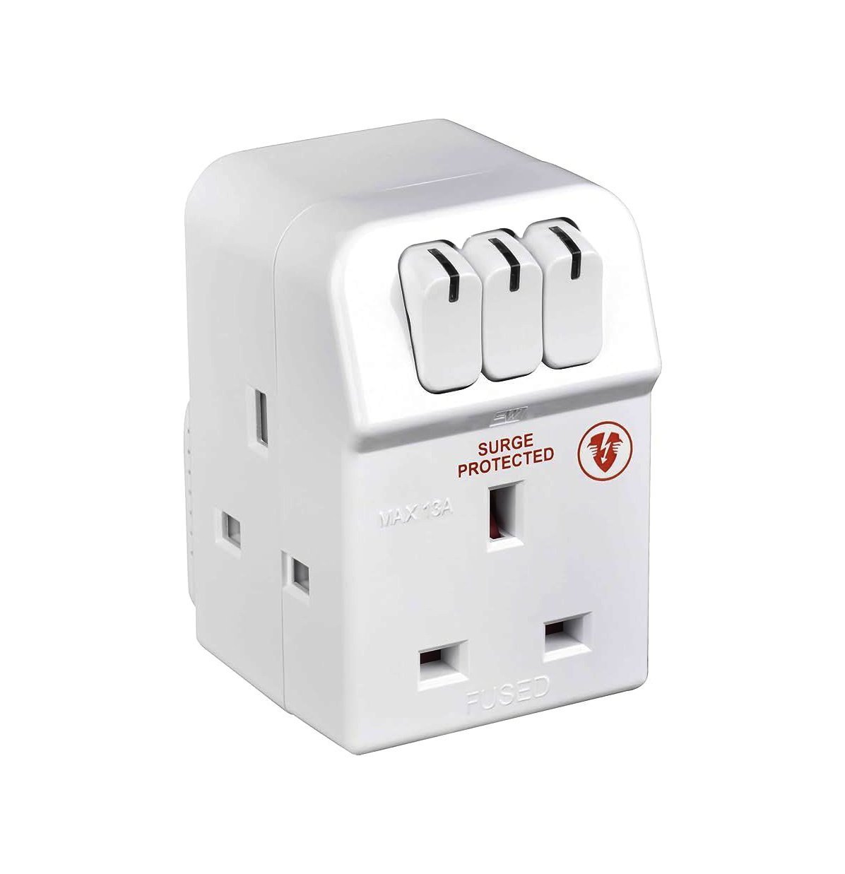 Masterplug Three Socket Surge Protected Adaptor with Individual Switches