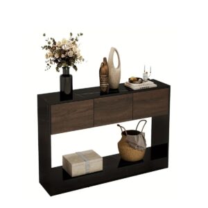 Elegant Black Marble Console Table with Storage - 51" Long, Narrow Entryway Design, Classic Style, Wood Construction