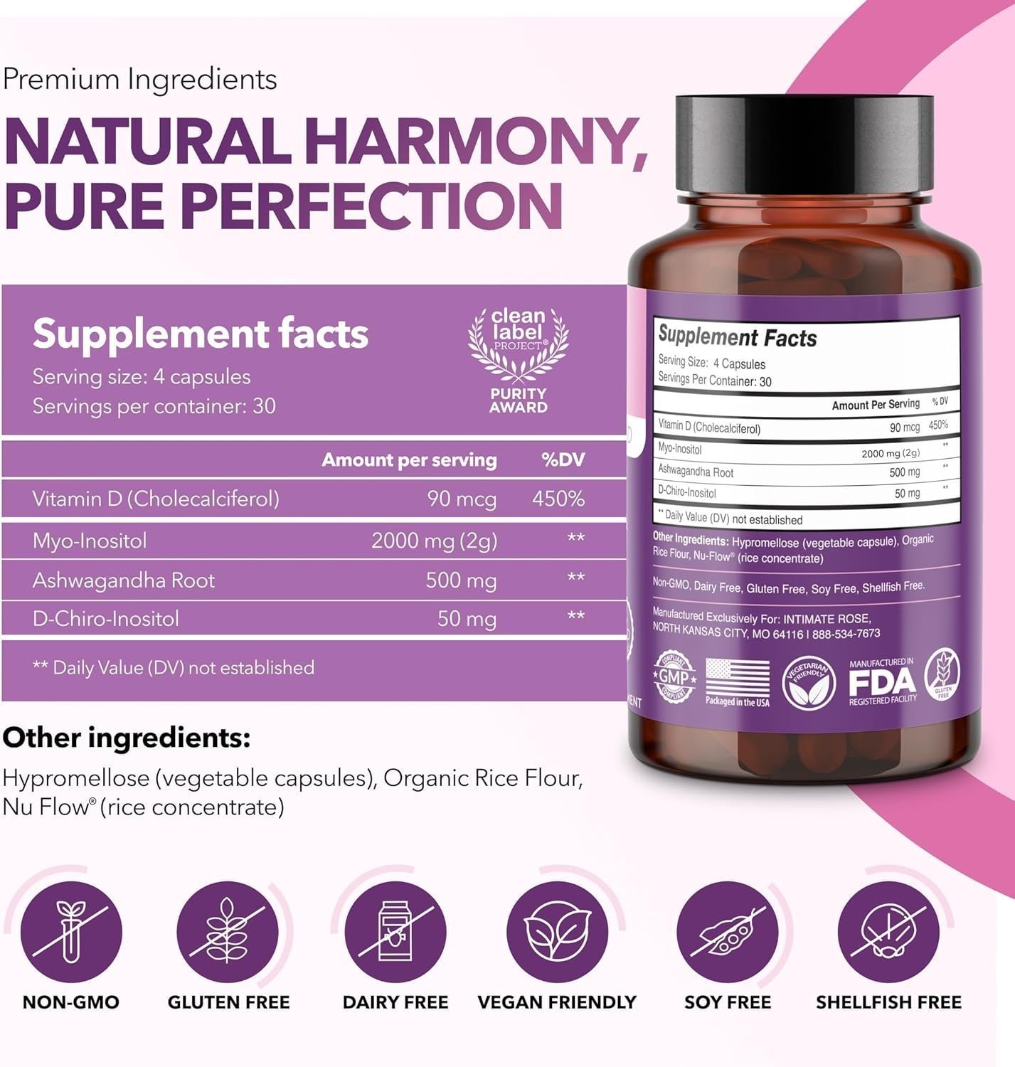 Intimate Rose Myo-Inositol & D-Chiro Inositol Supplement for Women, Ideal 40:1 Ratio, Vitamin D3, 120.0 Count - Image 3