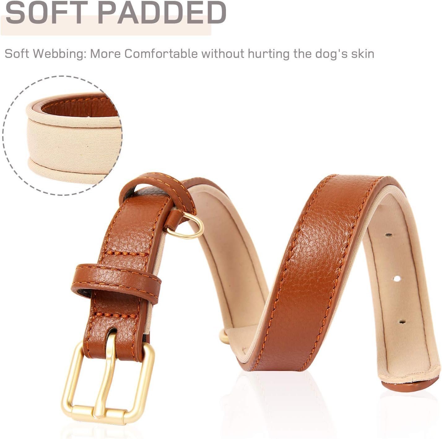 HEELE Soft Leather Dog Collar Puppy Small Dogs Breathable Padded with D Ring, Adjustable Classic Dog Pet Collar, Brown, XS - Image 4