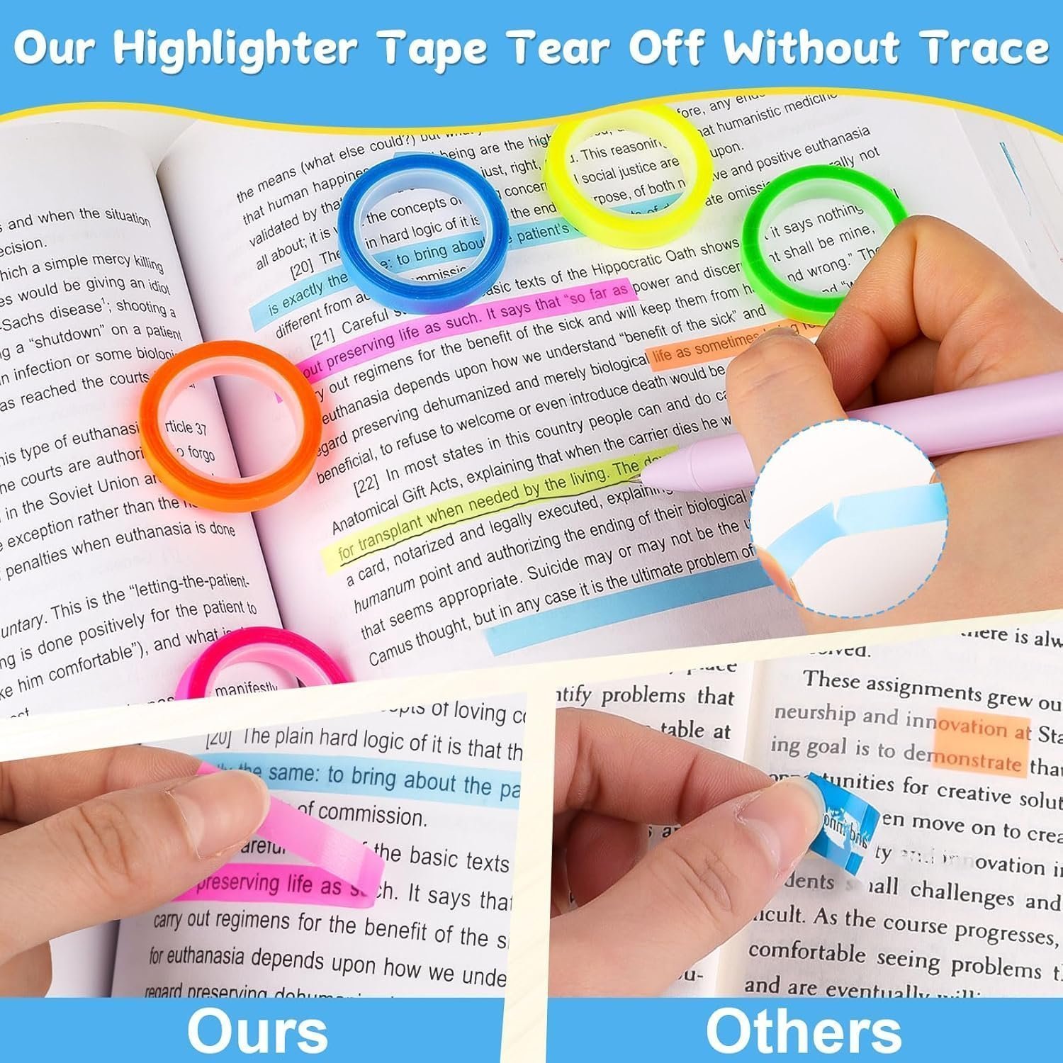 Hoiny Highlighter Tape, 10 Rolls Transparent Writable Sticky tabs, Removable Thin Sticky Notes - Image 2