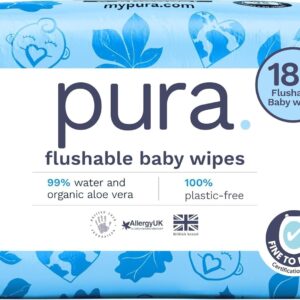 Pura Flushable Baby Water Wipes 3 x 60 per pack, (180 Wet Wipes) 100% Plastic Free, 99% Water